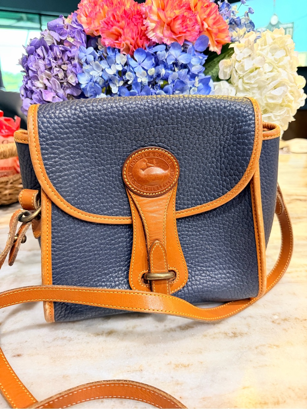 Vintage Dooney & Bourke All Weather Leather Crossbody Navy British Tan USA